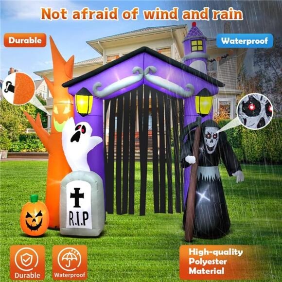 9 FT Halloween Inflatables Haunted House Castle Archway Decoration with Led - Picture 5 of 7